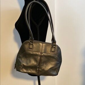 Elegant Metallic Gray Leather Handbag by Tignanello